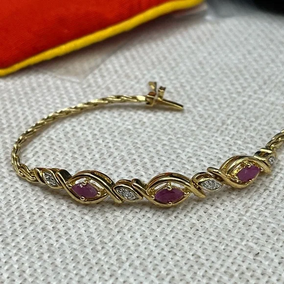 ✨ Vintage 925 Sterling Silver Gold Vermeil Ruby & CZ Tennis Bracelet - 7.25” - Picture 4 of 17